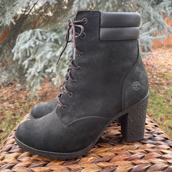 Timberland Women's Tillston Black Suede Leather Block Heel Lace-up Ankle Boots - Picture 1 of 8
